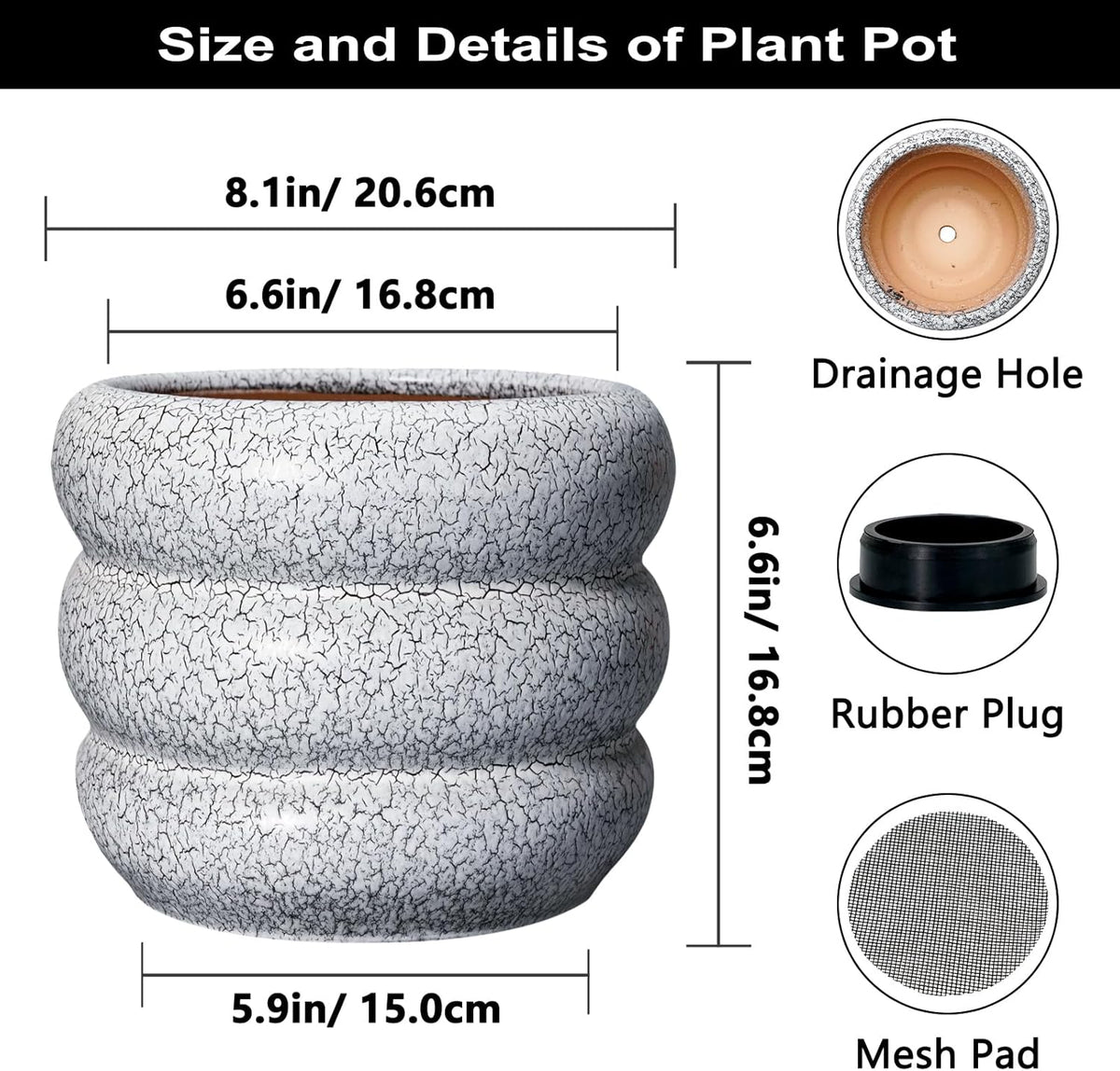 SQOWL Ceramic Pots for Plants - 8 Inch Plant Pot with Drainage Hole, Round Planter for Indoor
