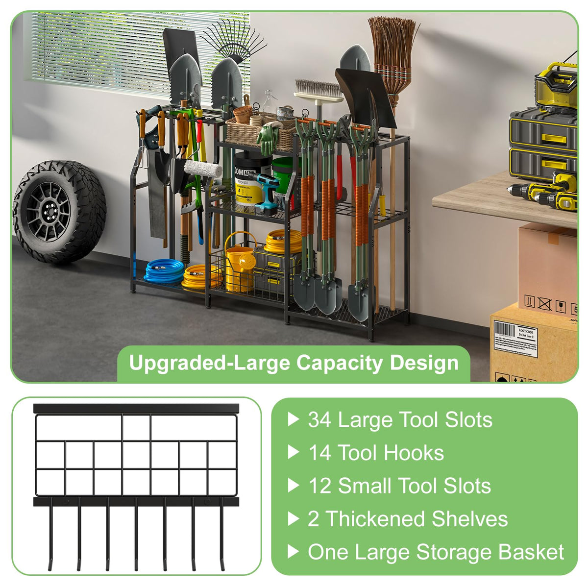 keomaisyto Garden Tool Organizer, Heavy Duty Yard Tool Tower Rack for Garage Organization and