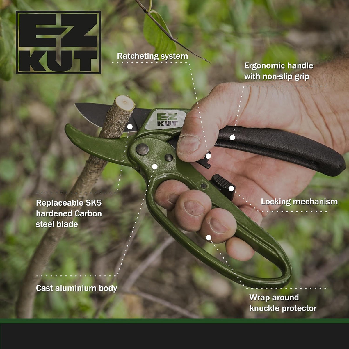 EZ Kut Heavy Duty Pruning Shears Green - with Ratcheting Action Great Garden Hand Tool Clippers