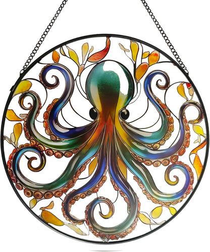 Octopus Stained Glass Window Hanging, 9.8’’ Sun Catcher Glass Panel Ocean Theme Wall Art Decor with