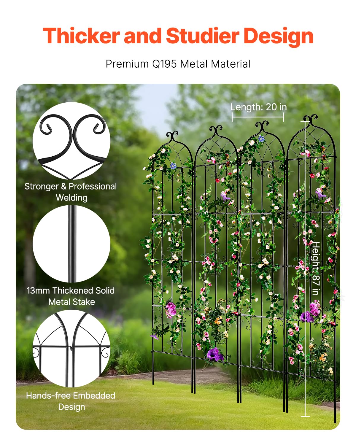 VEVOR Garden Trellis for Climbing Plants, 87 x 20 in, 4 Packs Rustproof Metal Garden Flower Rose