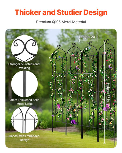 VEVOR Garden Trellis for Climbing Plants, 87 x 20 in, 4 Packs Rustproof Metal Garden Flower Rose
