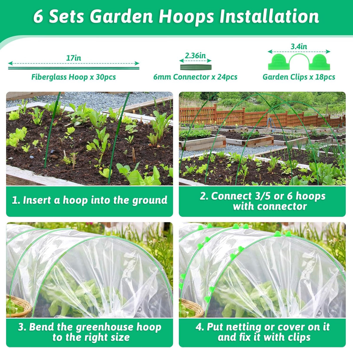 30 Pcs Garden Hoops for Raised Beds, 6mm Greenhouse Hoops Grow Tunnel Fiberglass Hoop House Kit, 6