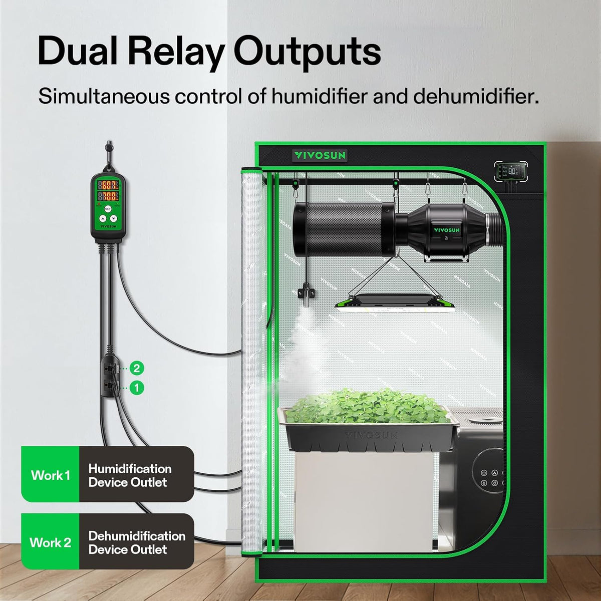 VIVOSUN Humidity Controller, 1200W Dual-Stage Outlet, Pre-Wired Digital Humidistat with Dual LED