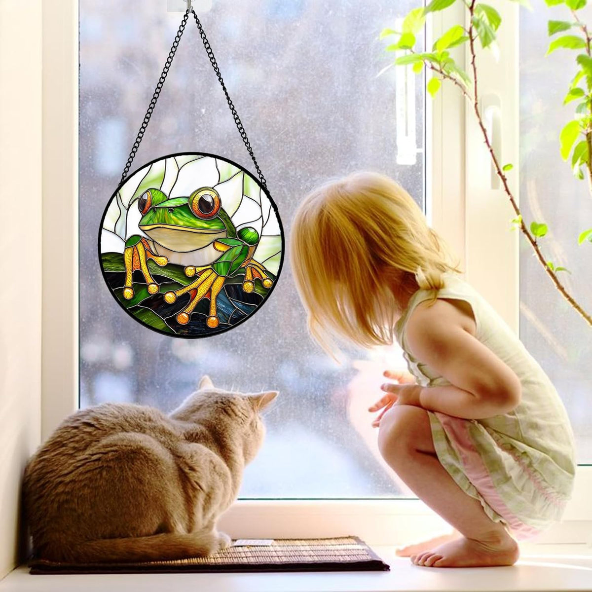 Stained Glass Window Hanging, Green Frog White Petals Sun Catchers Colorful Glass Panel Cute