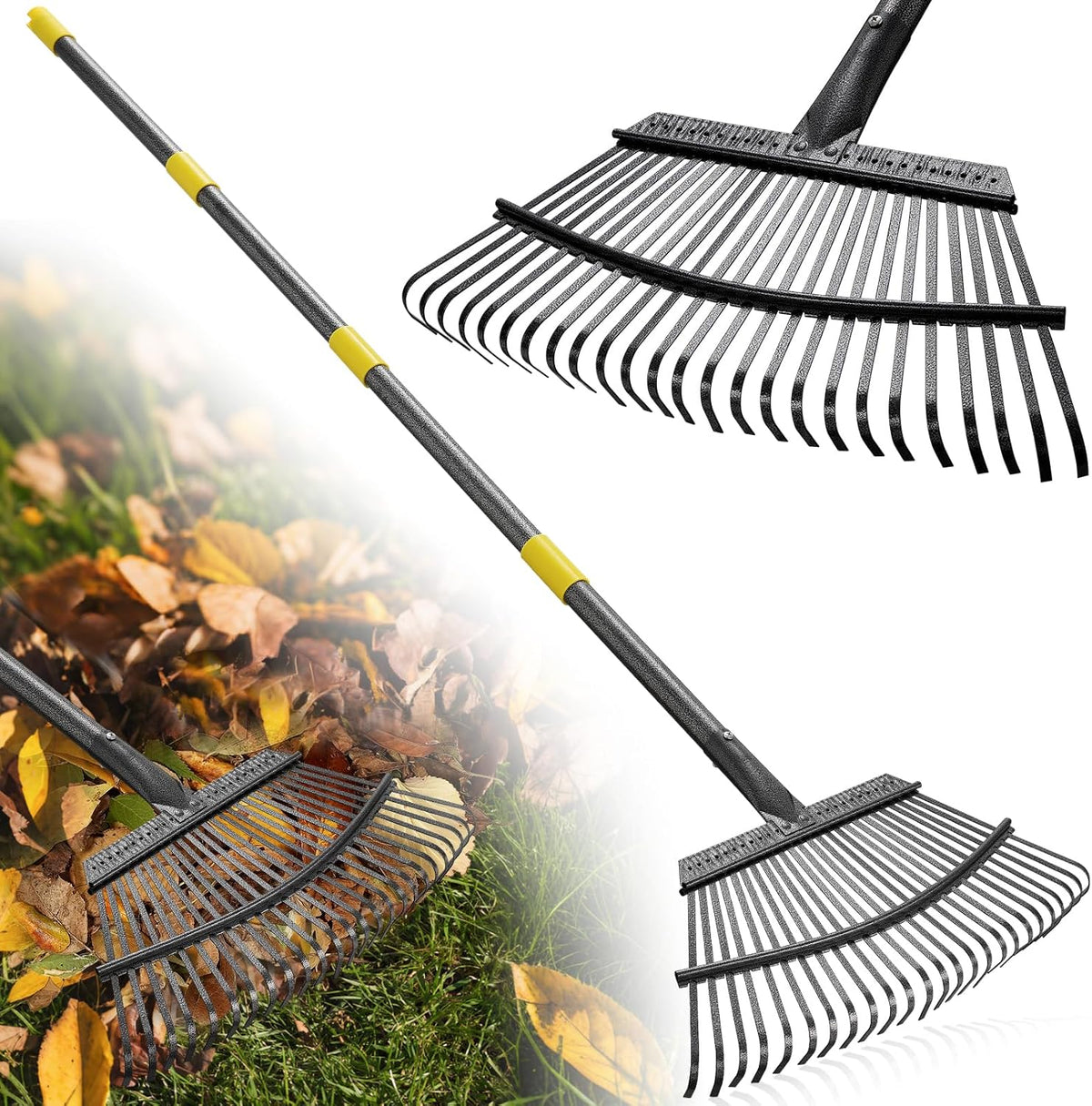 Garden Rake for Leaves: 18” Wide Metal Leaf Rake, 65” Long Adjustable Handle, Heavy Duty 25 Teeth