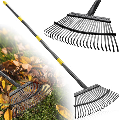 Garden Rake for Leaves: 18” Wide Metal Leaf Rake, 65” Long Adjustable Handle, Heavy Duty 25 Teeth