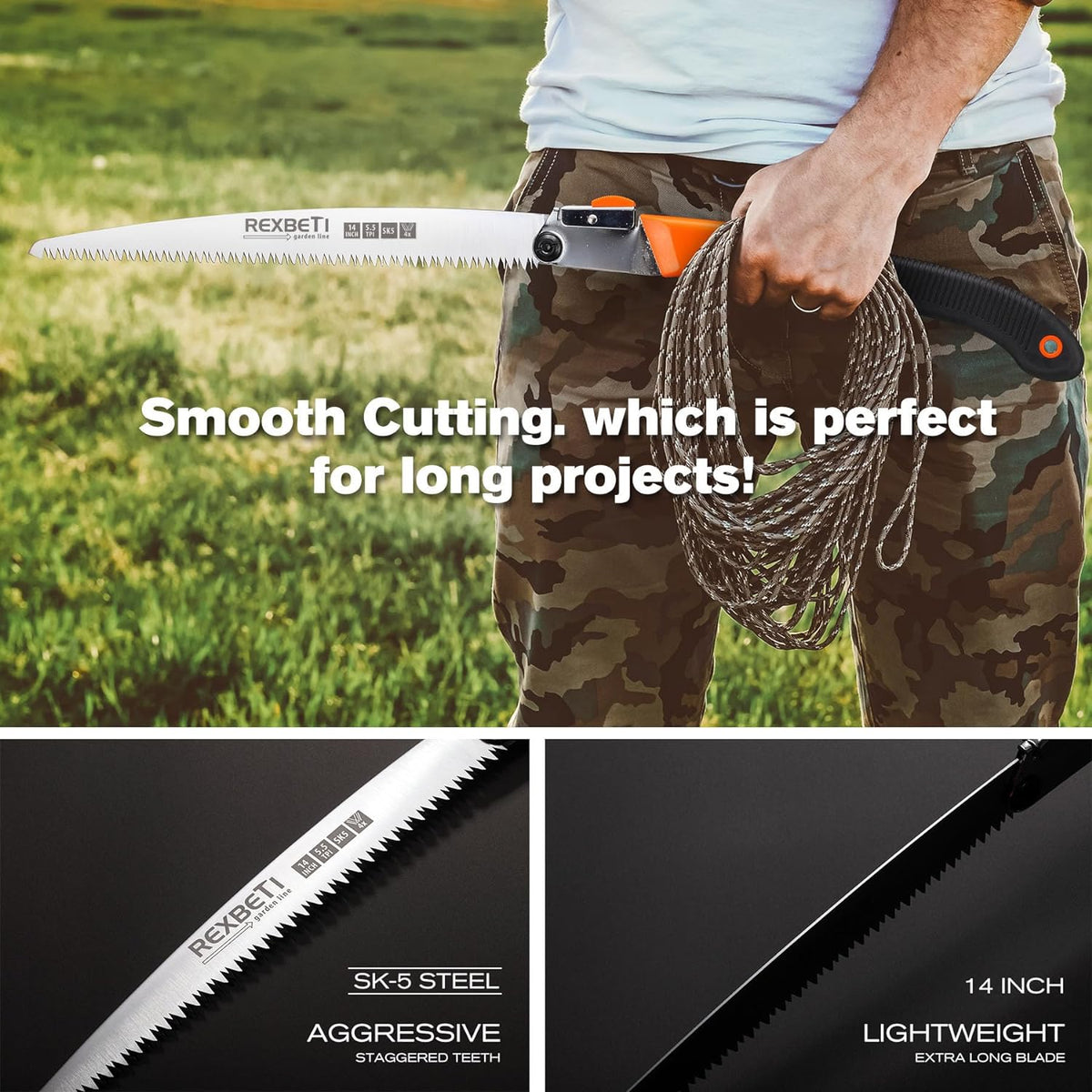 REXBETI Folding Saw, 14 Inch Blade for Dry Wood Trimming and Pruning, 4 Cutting Angles, SK-5 Steel