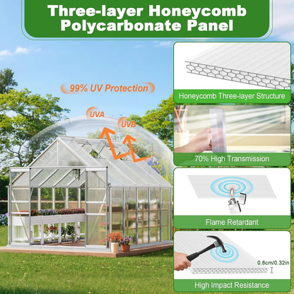 6PCS Polycarbonate Greenhouse Panels, 4' x 2' x 0.32'' Three-layer Honeycomb Panels Polycarbonate