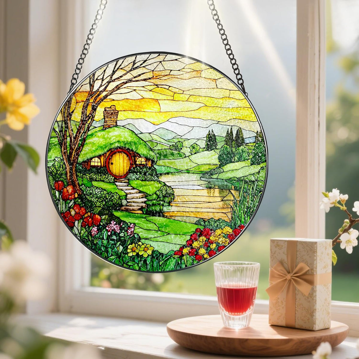 Stained Glass Window Hanging, Pauyadu 8 Inch The Shire Stained Glass Suncatcher, Window Decorations