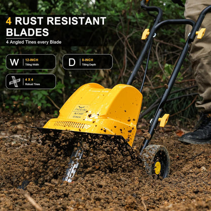 Electric Tiller/Cultivator 4 Steel Tines, 8'' Tilling Depth Garden Roto Tillers for Gardening, 13.5