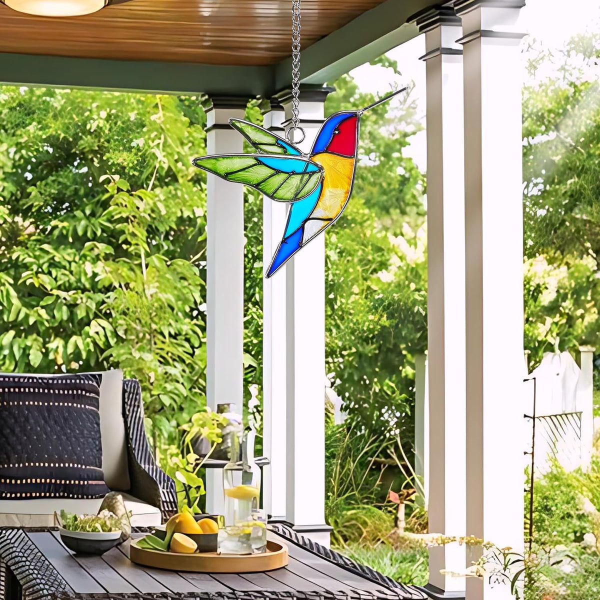 Handmade Stained Glass Hummingbird Hanging Ornament - Colorful 4.3x4.9 Inch Window/Garden Decor for