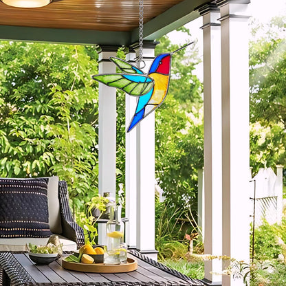 Handmade Stained Glass Hummingbird Hanging Ornament - Colorful 4.3x4.9 Inch Window/Garden Decor for