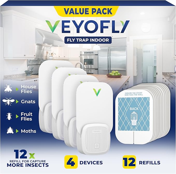 VEYOFLY Fly Trap Indoor, Fruit Fly Traps for Indoors, (4 Device + 12 Refills) Gnat Traps for House