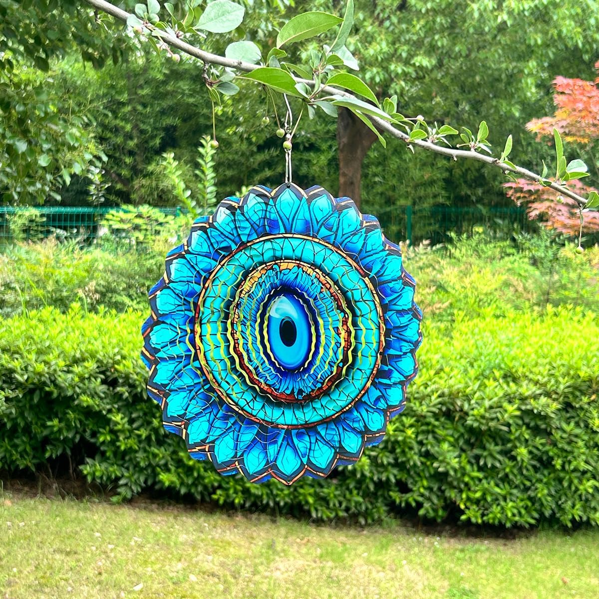 3D Wind Spinner Mandala 10 Inch Evil Eye Stainless Steel Wind Sculpture Blue Hanging Ornament Laser