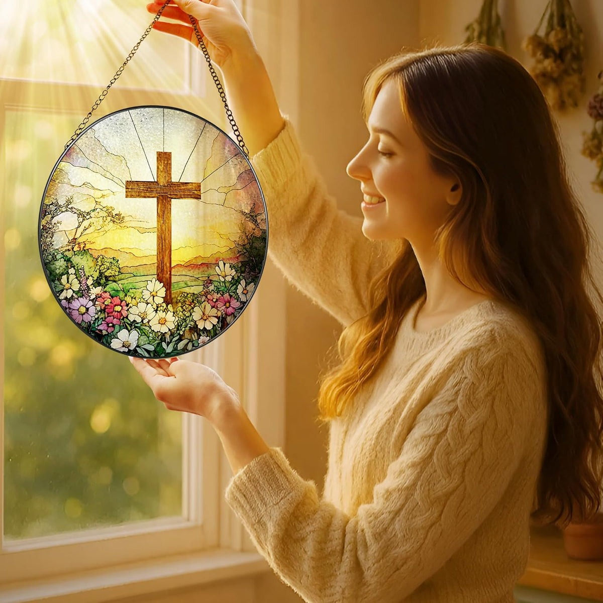 8 Inch Stained Glass Cross & Wildflowers Suncatcher Christian Hanging Ornament Gift for Religious