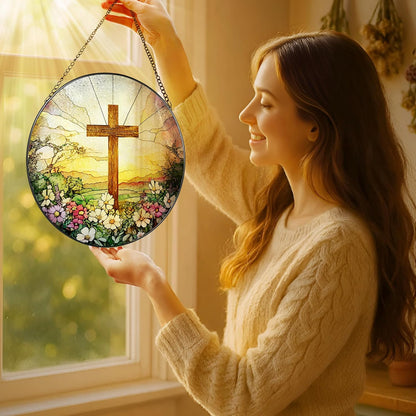 8 Inch Stained Glass Cross & Wildflowers Suncatcher Christian Hanging Ornament Gift for Religious