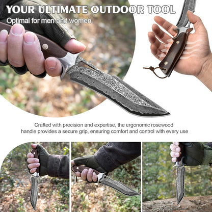 Handmade Damascus Hunting Knife,10.4"Fixed Blade Bowie Knife with Leather Sheath,Real Damascus