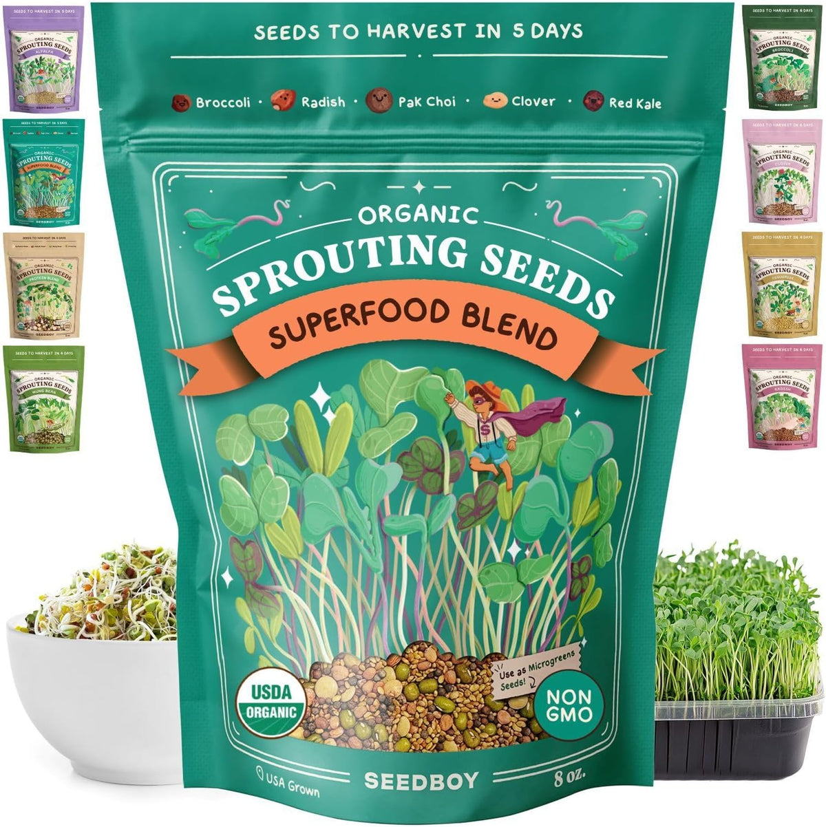 Seedboy Organic Non-GMO Sprouting Seeds, Superfood Blend - USA Grown Microgreens Mix with Broccoli