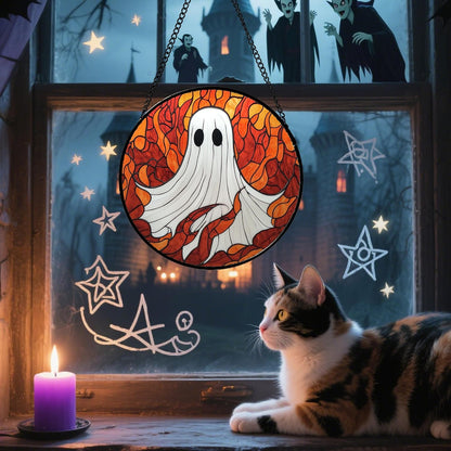 Stained Glass Window Hanging - Halloween Decorations White Ghost Orange Sky Suncatcher for Doors