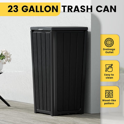 Outdoor Trash Can with Lid, Waterproof Resin Garbage Can with Tiered Lid, Outside Trash Bin for