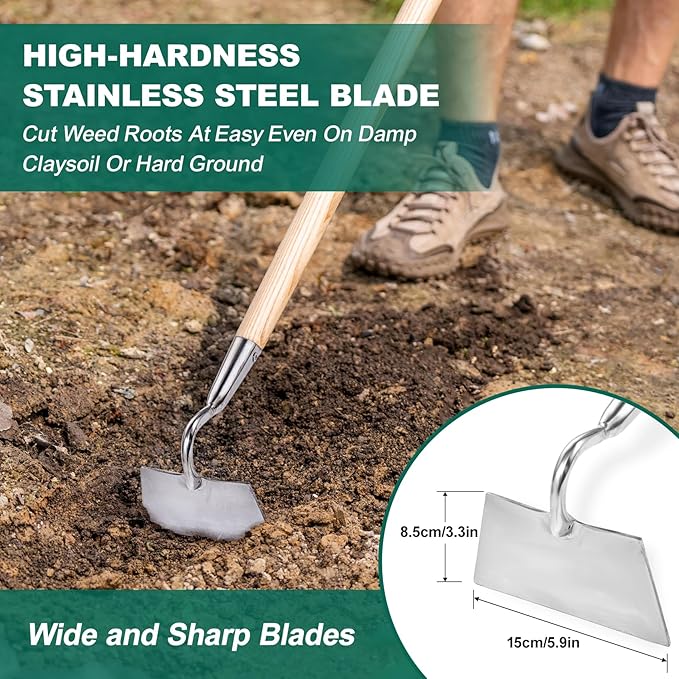 Berry&Bird Flat Edge Garden Hoe, 58'' Hoes Garden Tool with Long Wood Handle, Stainless Steel