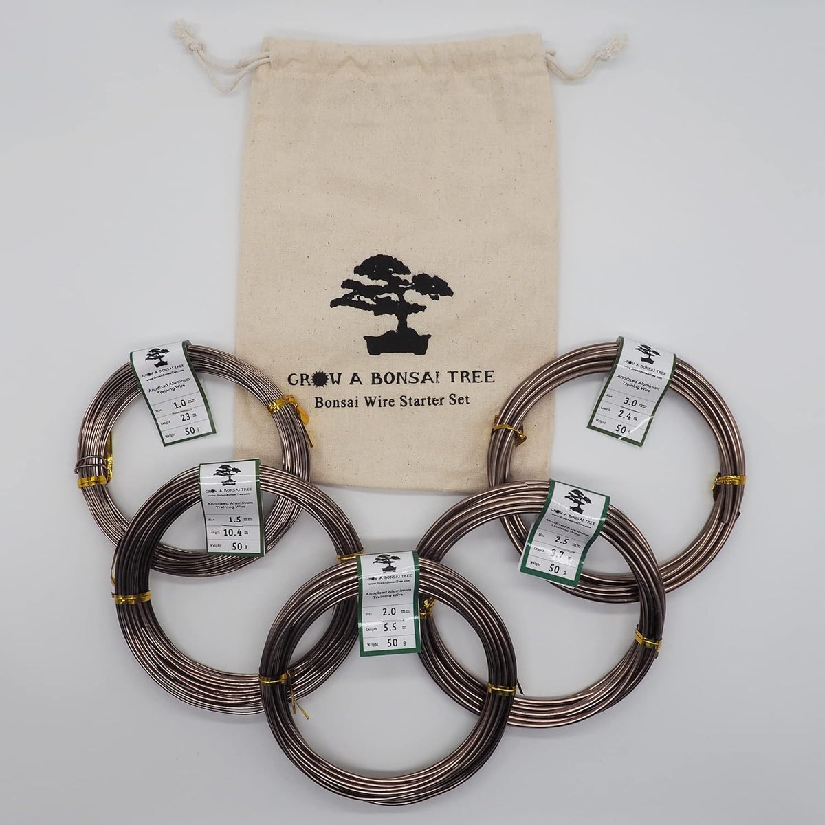 Anodized Aluminum Bonsai Training Wire 5-Size Starter Set with Canvas Bag - 1.0mm, 1.5mm, 2.0mm