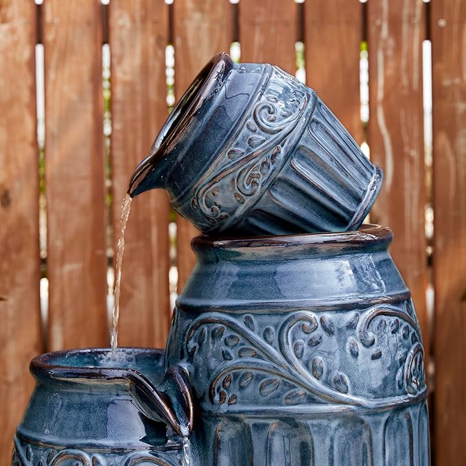 Glitzhome 35.5" H Oversized Outdoor Water Fountain with LED Lights and Pump, 4 Tier Turquoise