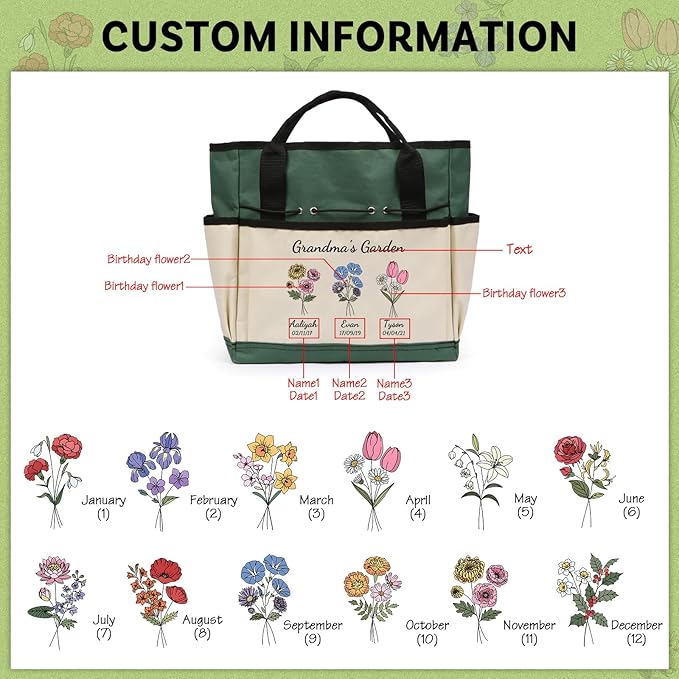 Personalized Garden Tools Set for Women: Custom Text Garden Tool Bag and Garden Shovel & Transplant
