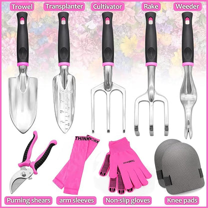 THINKWORK Pink Garden Tools, Gardening Gifts for Women, with 2 in 1 Detachable Storage Bag, Trowel