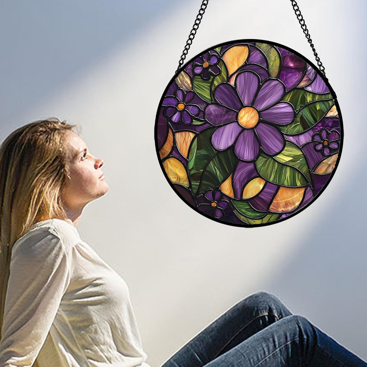 Stained Glass Window Hanging, Purple Green Flowers Sun Catcher for Door Home Decor Plants