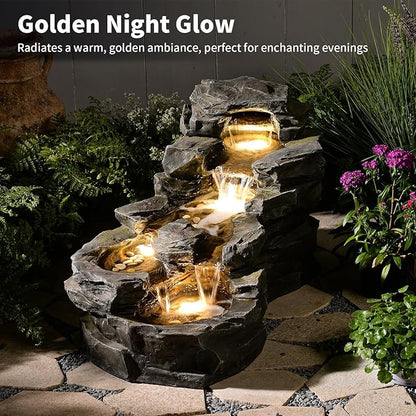 37" L Garden Outdoor Water Fountain, Floor Standing 5-Tiers Rock Natural Waterfall Outdoor