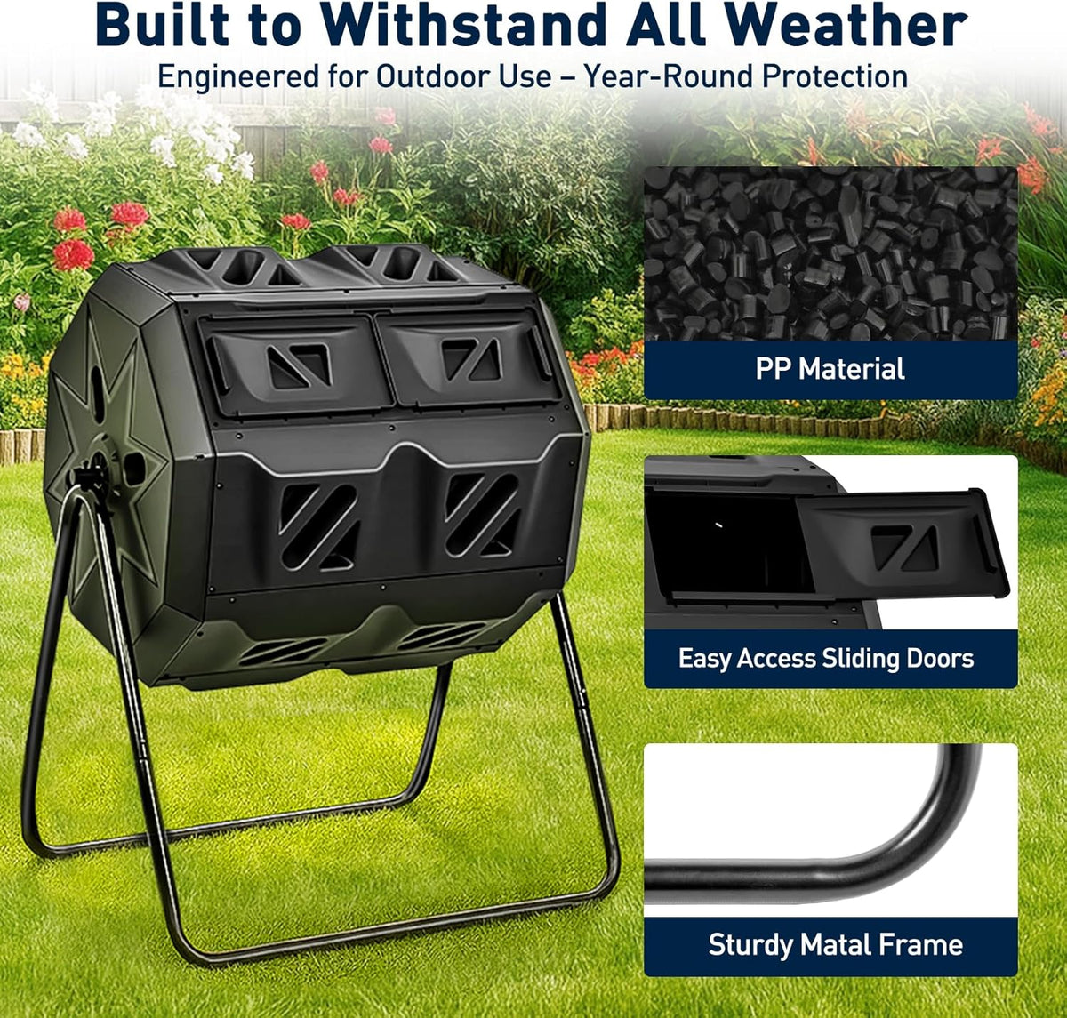 Yesker Dual Chamber Compost Bin Outdoor, 43 Gallon Rotating Tumbling Composter with Sliding Doors