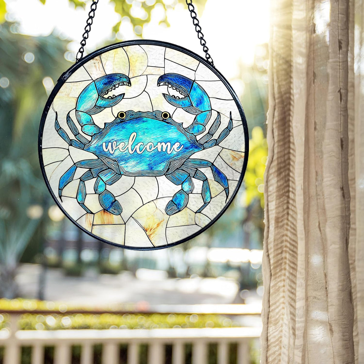 kdqua Coastal Beach Crab Welcome Suncatcher Stained Glass Window Hanging, Ocean Marine Crab Sun