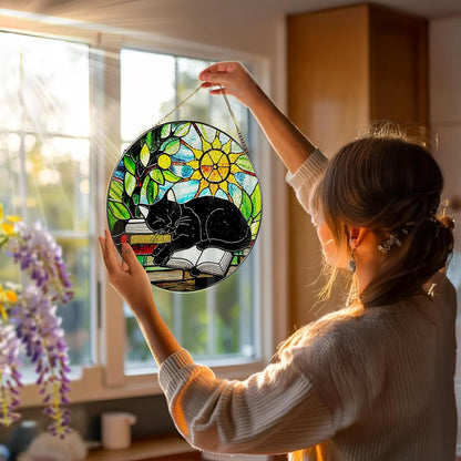 Stained Glass Window Hanging, 8 Inch Black Cat on Book Stained Glass Suncatcher, Window Decor