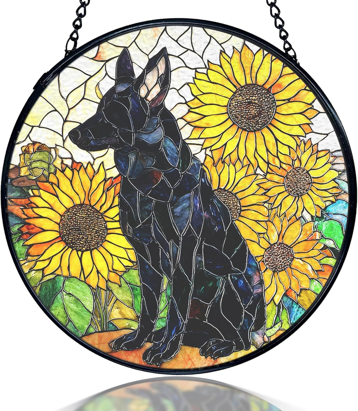 kdqua German Shepherd Sunflower Suncatcher Stained Glass Window Hanging, German Shepherd Gifts Sun