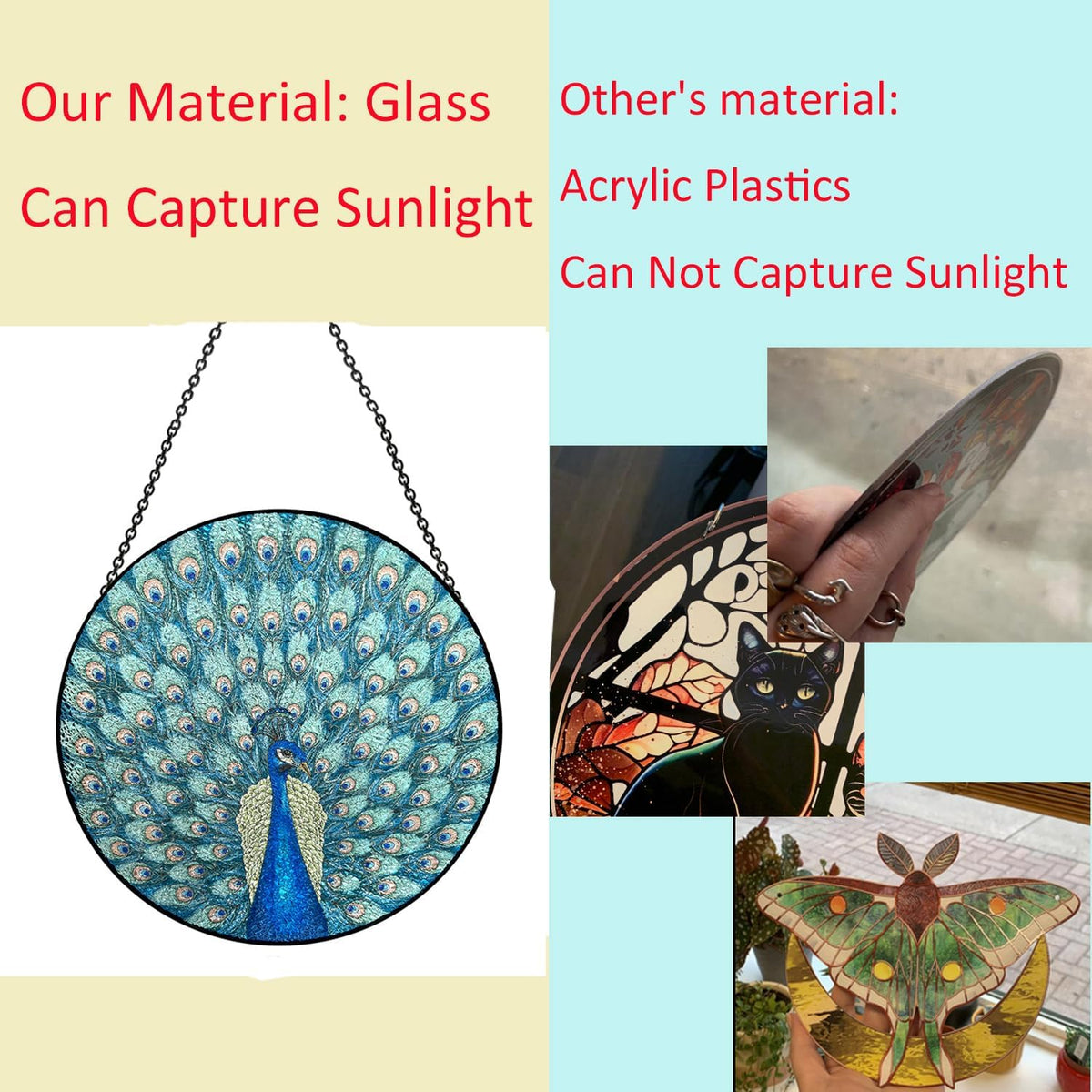 Hanging Stained Glass for Windows,20cm/7.87inch Peacock Hand-Painted Sun Catcher Garden Hangings