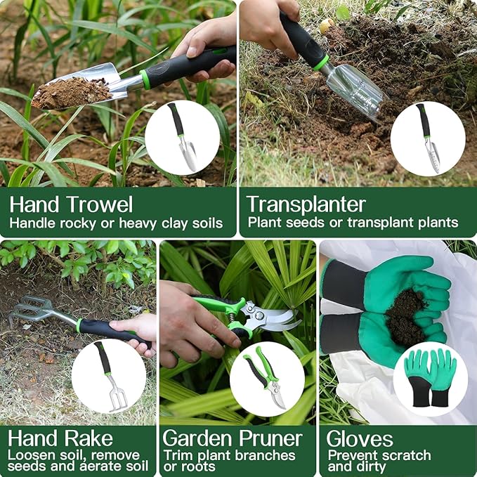 Housolution Gardening Tools Set, 8PCS Heavy Duty Garden Tools with Non-Slip Rubber Grip with Large
