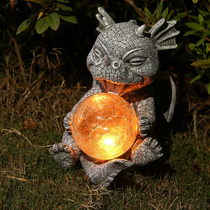 Garden Dragon Statue Solar Powered Outdoor Figurine Light Decor Cute and Hold Glowing Glass Ball