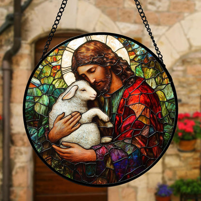 Stained Glass Window Hanging, Jesus Little Lamb Sun Catchers Colorful Glass Panel Christianity