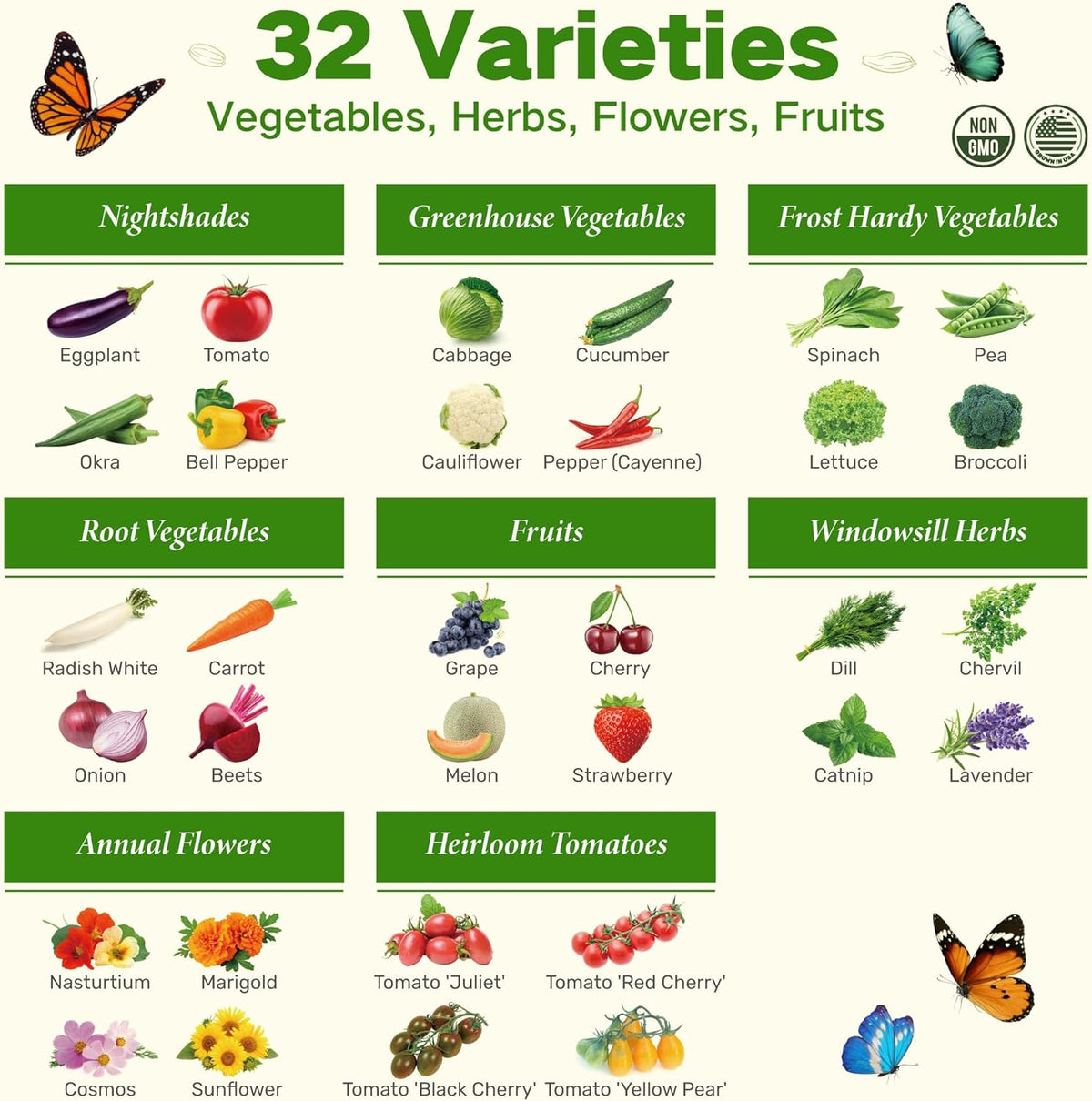 Lush&Dew Year-Round USDA Zone 6 Heirloom Survival Seed Kit, 32 Varieties 32,000+ Seeds for Planting