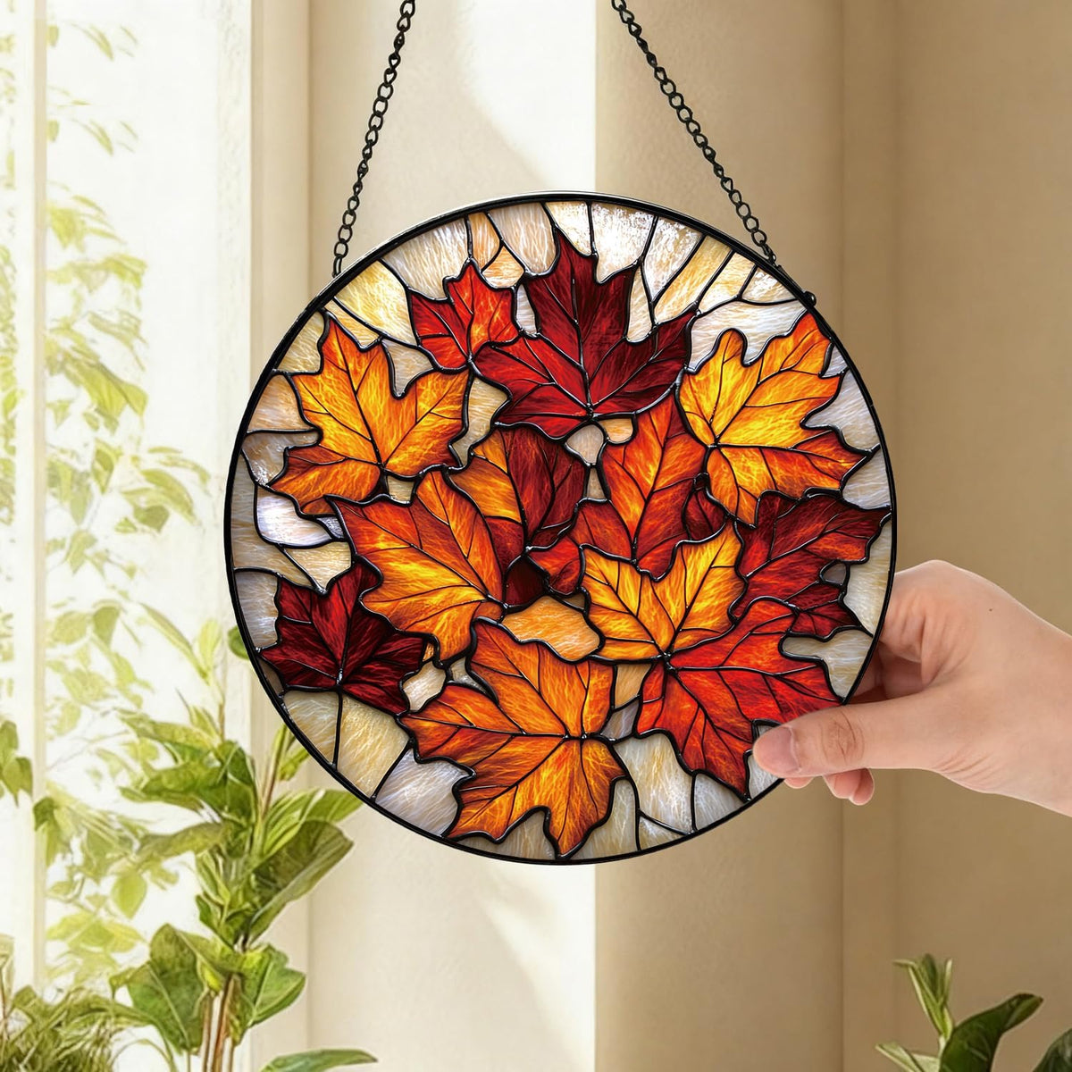Rustic Autumn Maple Leaves Suncatcher -7.9 in Stained Glass Window Hanging Sun Catcher Garden Decor
