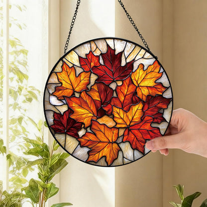 Rustic Autumn Maple Leaves Suncatcher -7.9 in Stained Glass Window Hanging Sun Catcher Garden Decor