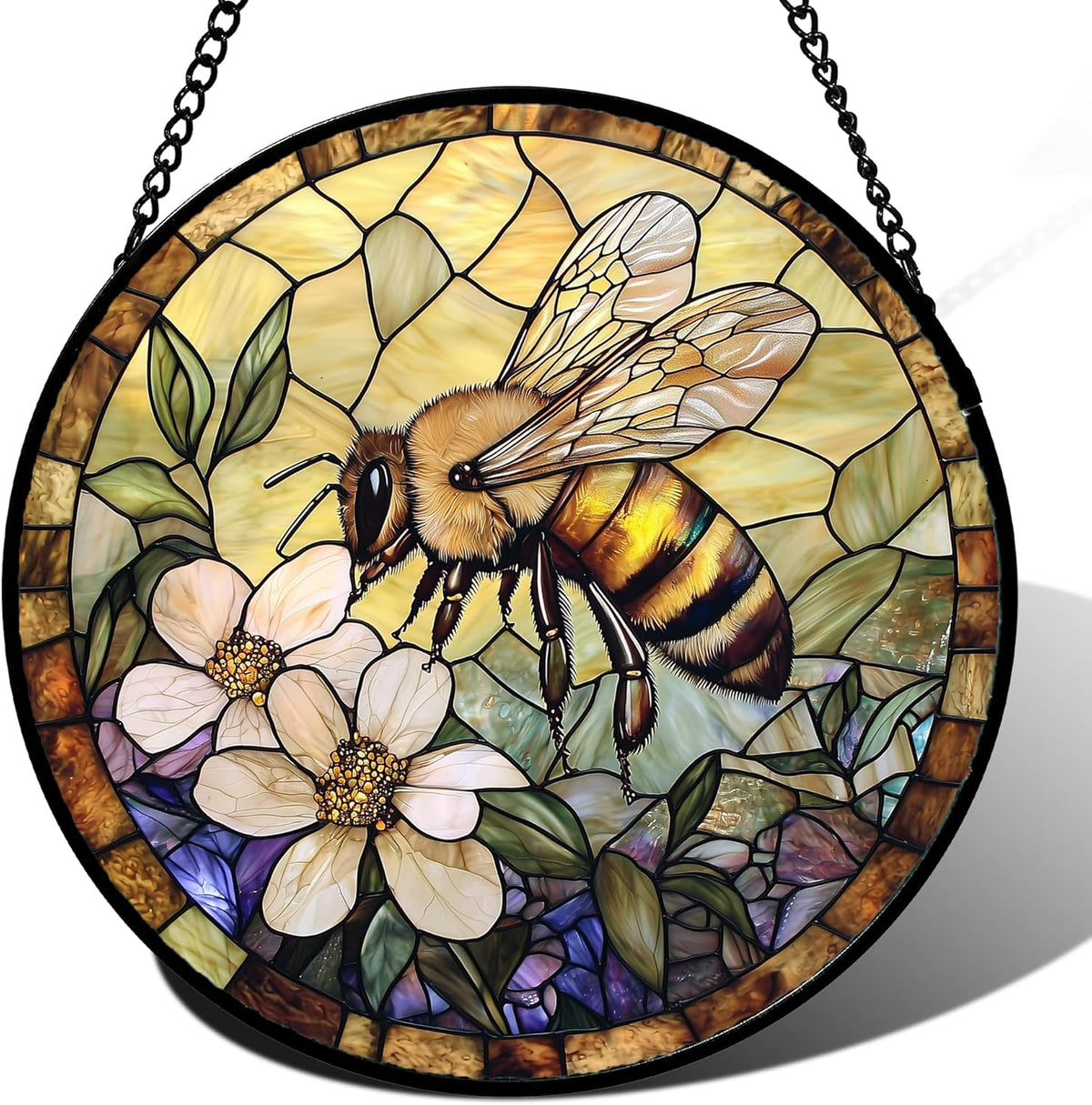 Stained Glass Window Hanging, Vintage Bee Yellow Flower Sun Catcher for Window Door Home Decor