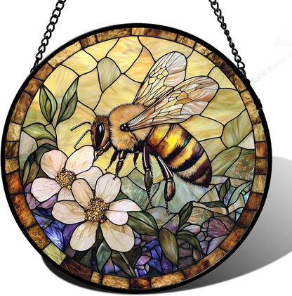 Stained Glass Window Hanging, Vintage Bee Yellow Flower Sun Catcher for Window Door Home Decor