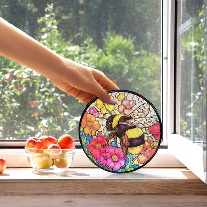 kdqua Bee Floral Suncatcher Stained Glass Window Hanging, Colorful Floral Bumblebee Sun Catchers