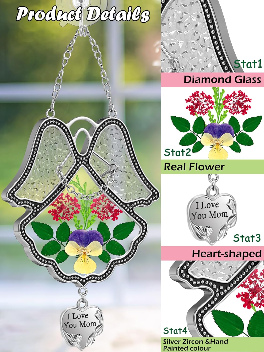 KY&BOSAM Angel Suncatcher I Love You Mom Stained Glass Panels for Windows Wind Chime with Pressed