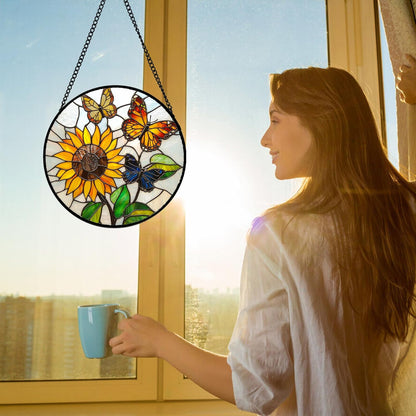 Stained Glass Window Hanging, Butterfly and Sunflowers Sun Catchers Glass Panel Plant Insects
