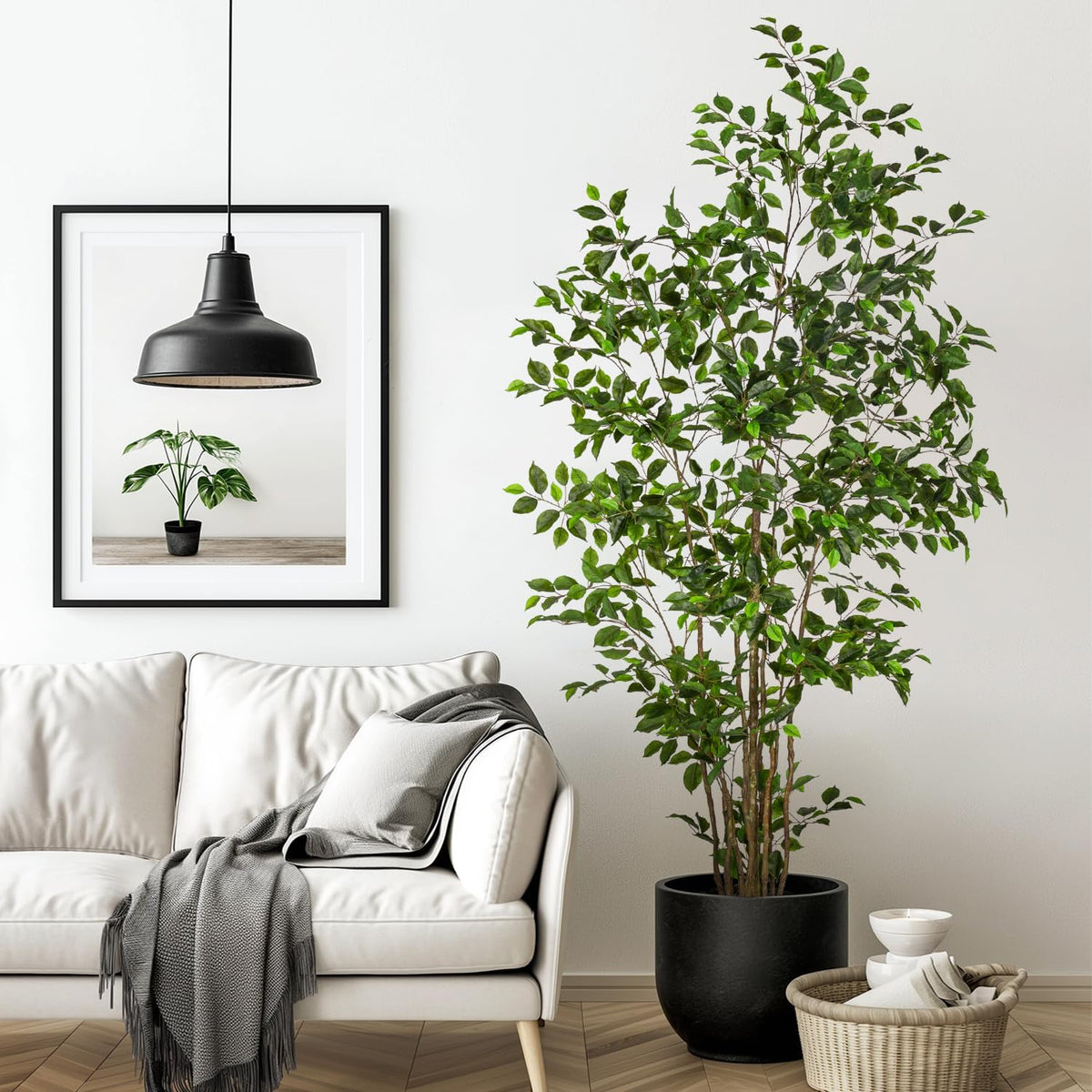Artificial Ficus Tree Indoor 7ft, Large Potted Faux Tree with Realistic Silk Leaves & Trunk for