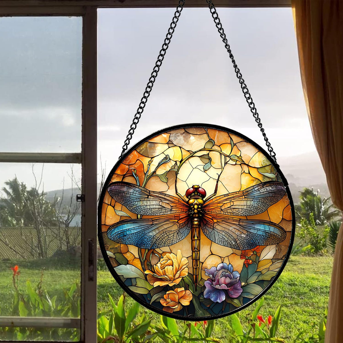 Stained Glass Window Hanging - Orange Blue Dragonfly Flower Suncatcher for Doors Window Home Sun